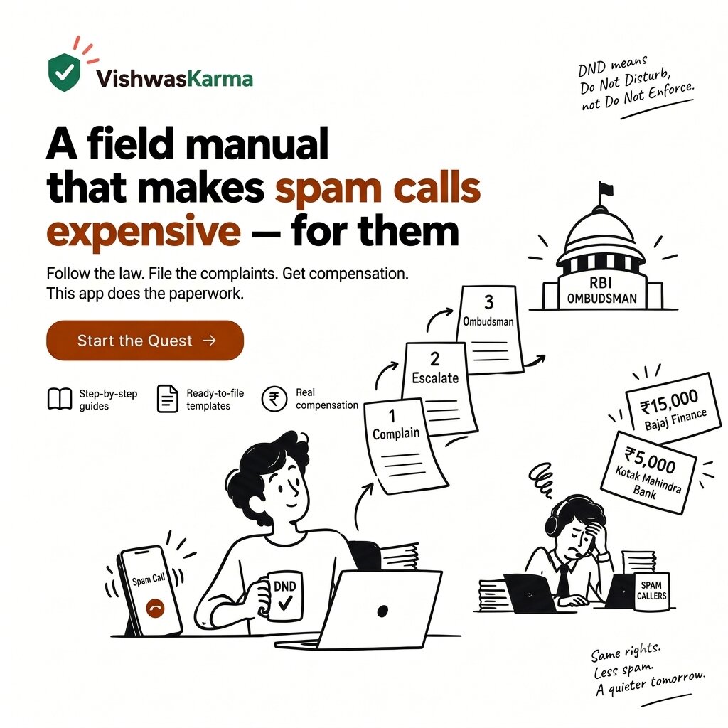 An illustrated traveller with a VishwasKarma pack follows signposts — DND, Complain, Escalate, Ombudsman, Compensation — past a ringing spam call toward the RBI Ombudsman, holding an eight-chapter quest map